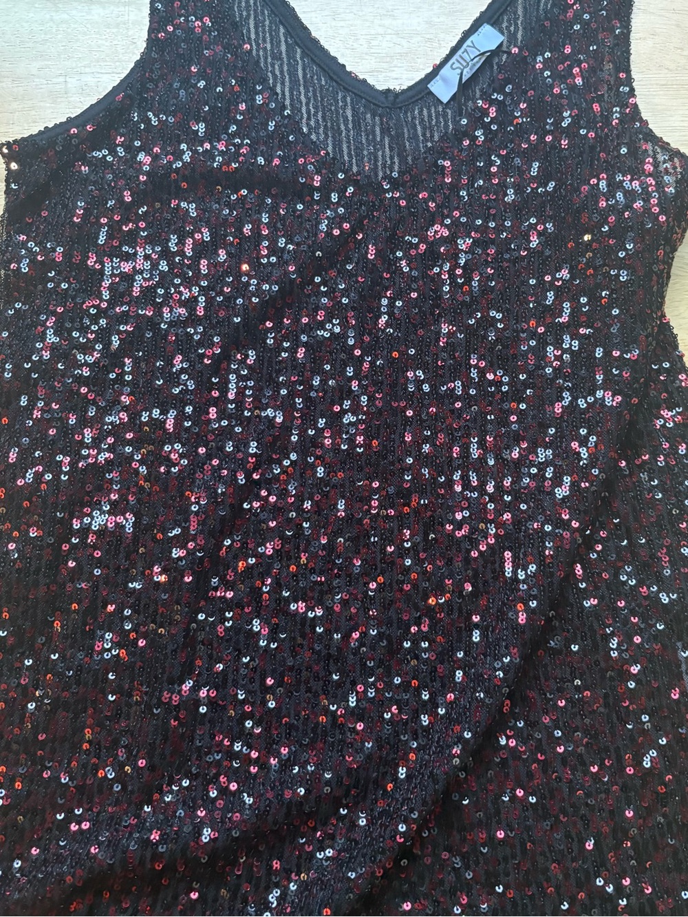 Suzy Shier Black Sequin Tank Top with Red Accents